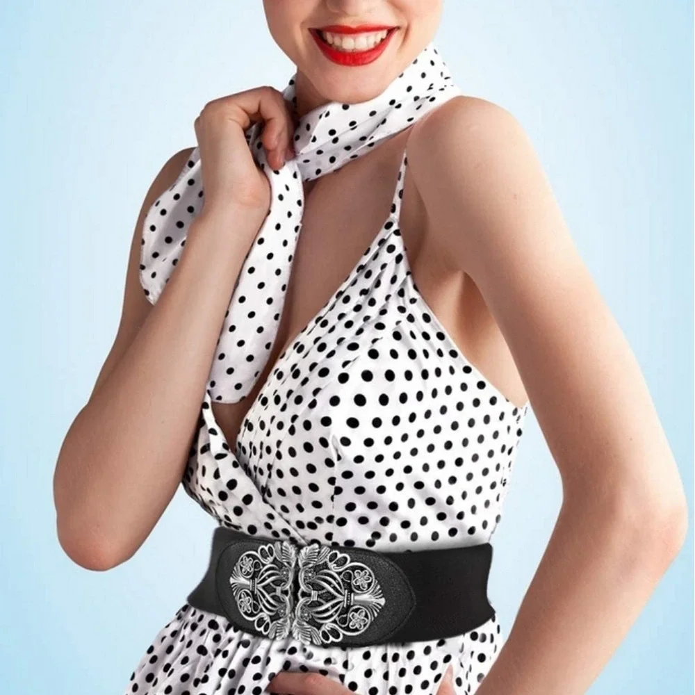 Black Stretch Waist Belt with Decorative Silver-Tone Floral Buckle